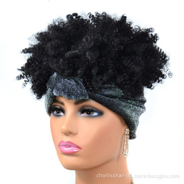 Hot Selling Black Fluffy Afro Short Kinky Curly Turban Wigs With Headband Attached For Black Women Synthetic Hair Wigs